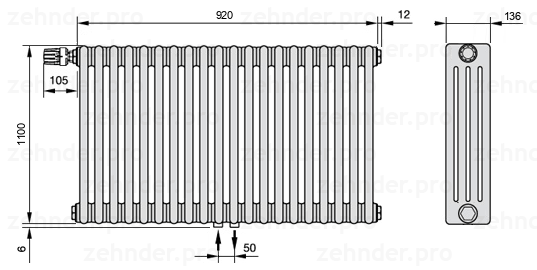 Схема (чертеж) Радиатор Zehnder Charleston 4110/20 №V007 Белый глянцевый RAL 9016